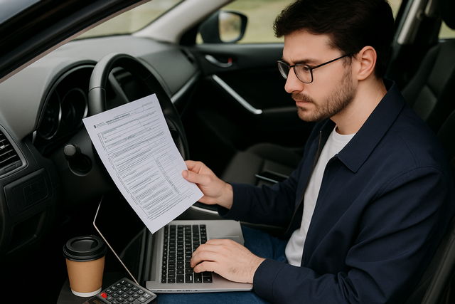 A young Canadian gig worker sitting in a car, reviewing a tax form while working on a laptop, with a coffee cup, calculator, and smartphone on the console — representing GST/HST registration preparation. GST/HST registration gig workers Canada, gig workers in canada gst hst registration