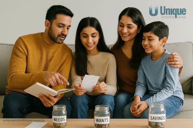 The 50/30/20 Rule - A canadian family going over their finances with three jars in front of them that have money and are labelled as Needs, Wants and Savings.