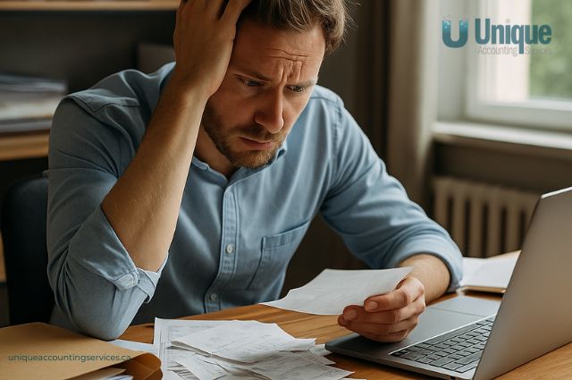 Overwhelmed small business owner surrounded by paperwork and receipts, struggling to manage bookkeeping. Time to hire a bookkeeper!